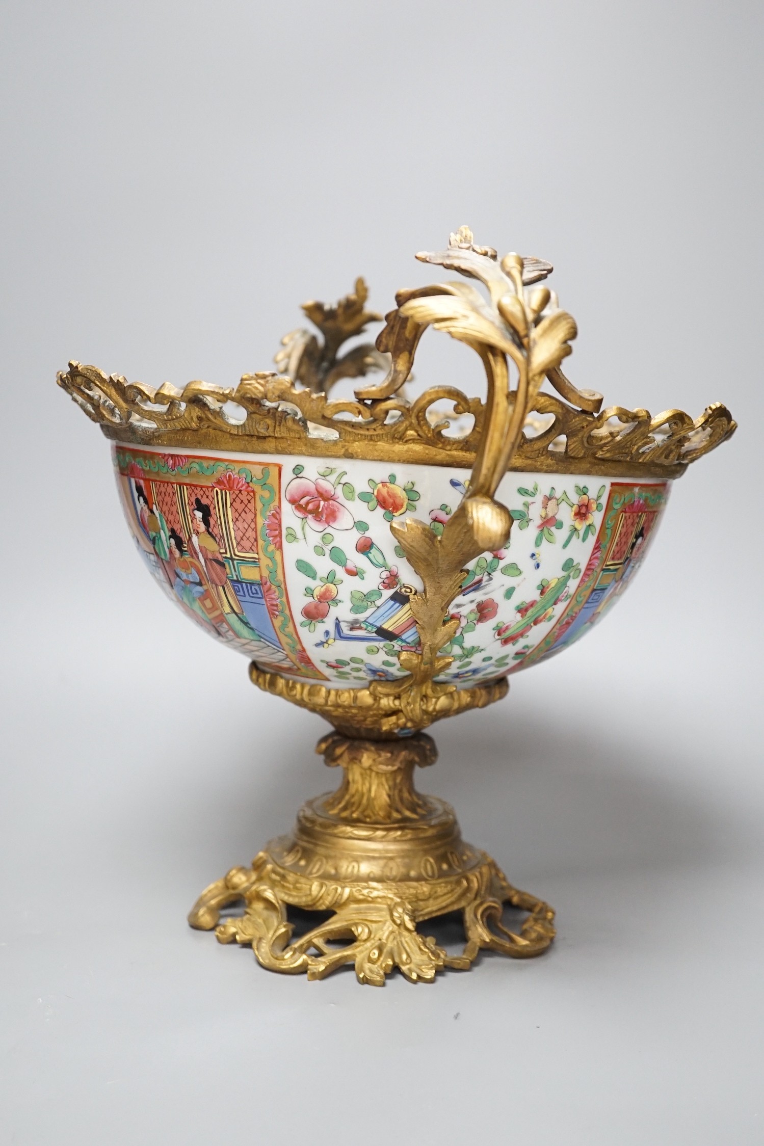 A late 19th century Chinese famille rose bowl with French ormolu mounts, 32cm